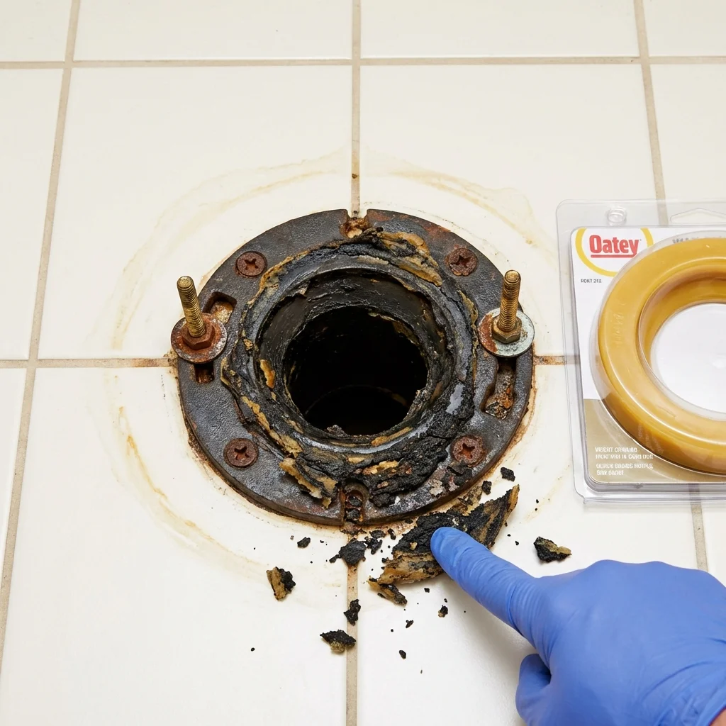 Failed wax ring showing water seepage at the base of a toilet in a Friendship, ME home
